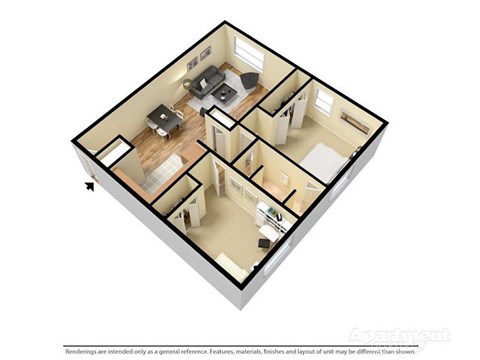 Floor plan for 2 beds, 1 bath, 900 sqft